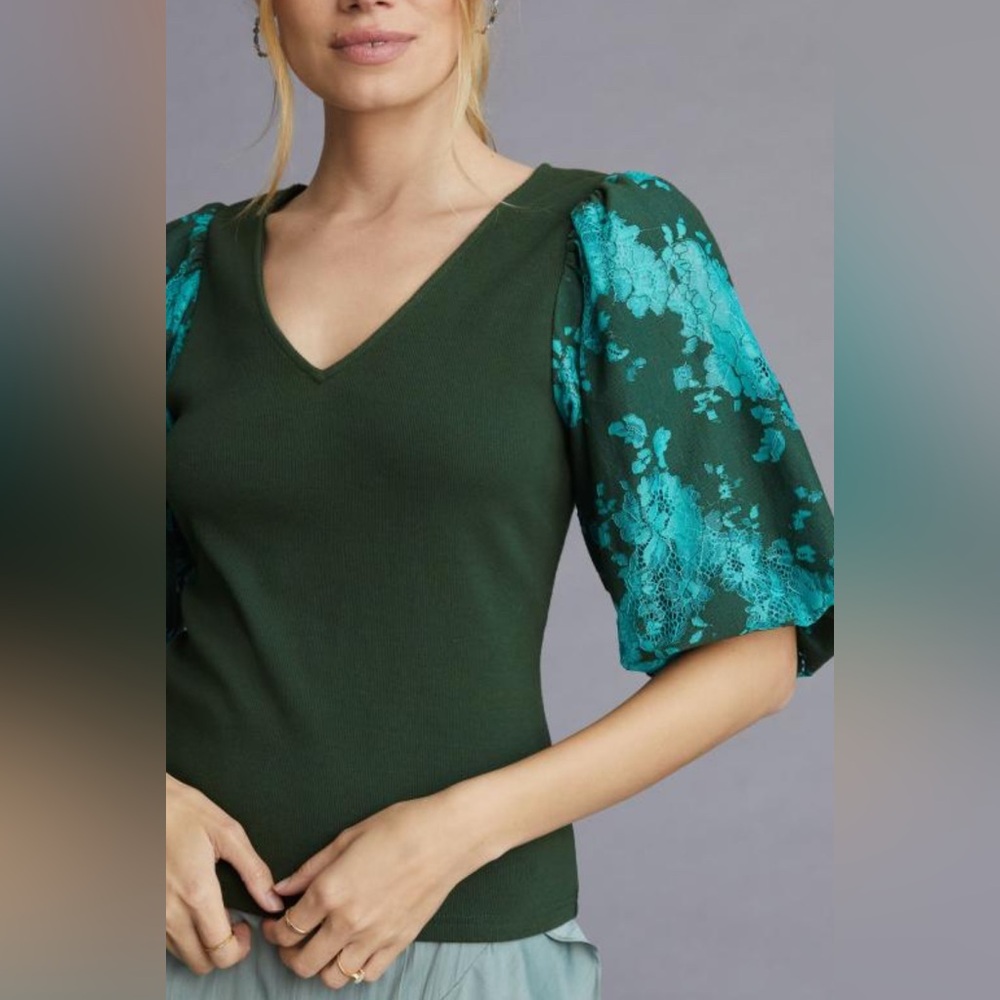 Anthropologie Dolan Lace Puff Sleeve Top Holly Green Size Large